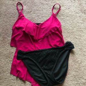 Set! Pink ruffle tankini w/ crochet style bottoms